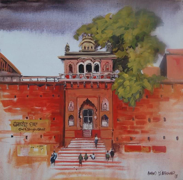 Cityscape acrylic painting titled 'Chet Singh Ghat', 24x24 inches, by artist Anand Bekwad on Canvas