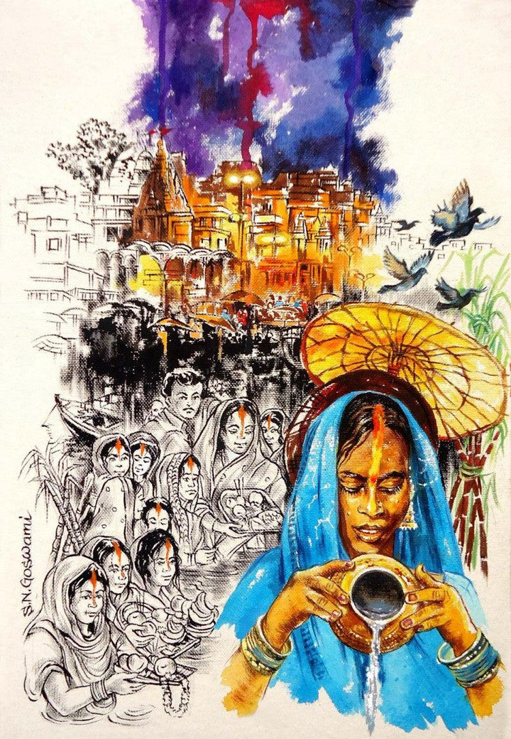 Religious mixed media painting titled 'Chhath', 20x15 inches, by artist Shambhu Nath Goswami on Paper