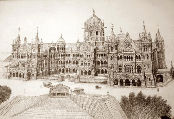 Cityscape ink drawing titled 'Chhatrapati Shivaji Terminus (VT)', 24x30 inches, by artist Aman A on Canvas