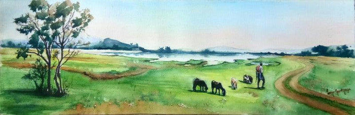 Landscape watercolor painting titled 'Chikmagalur landscape', 21x14 inches, by artist Lasya Upadhyaya on Paper