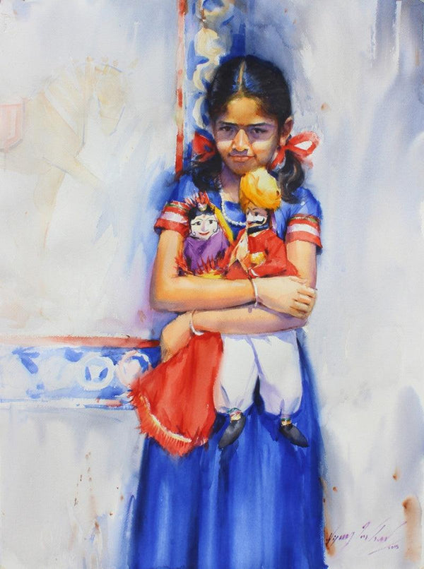 Figurative watercolor painting titled 'Child Hood Fantacy 2', 36x26 inches, by artist Vijay Jadhav on Paper