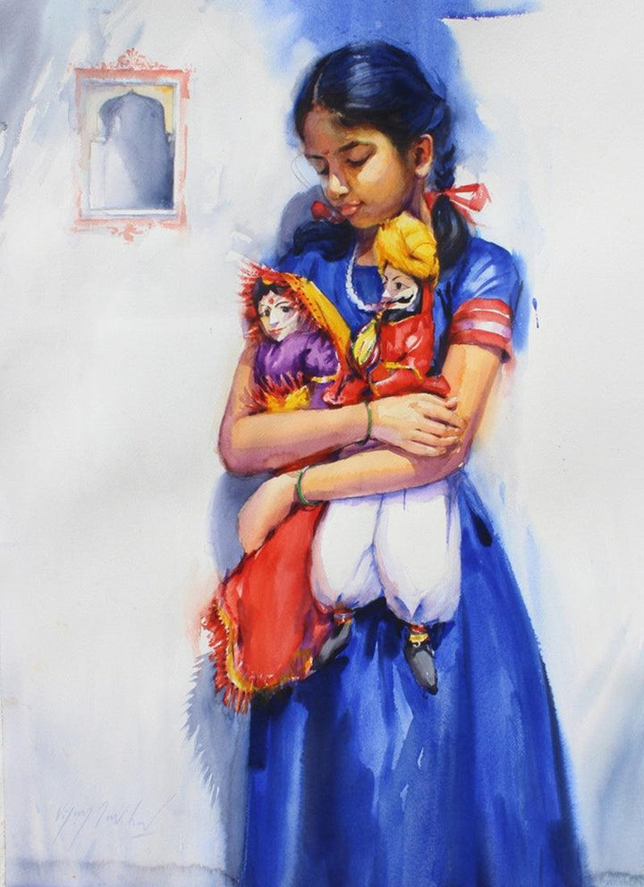 Figurative watercolor painting titled 'Child Hood Fantacy 3', 36x26 inches, by artist Vijay Jadhav on Paper