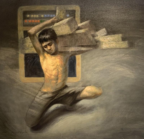 Figurative oil painting titled 'Child Labour', 24x24 inches, by artist Abhijeet Patole on Canvas