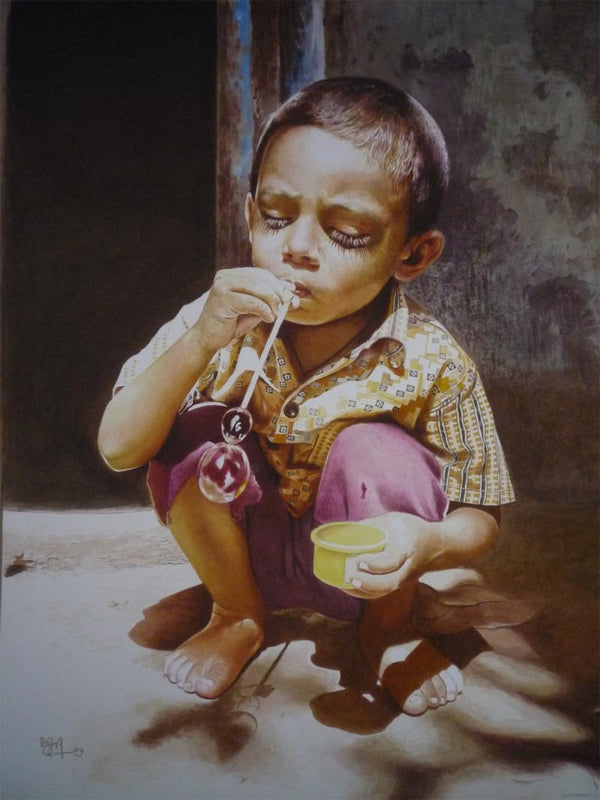 Figurative watercolor painting titled 'Childhood 1', 22x27 inches, by artist Raghunath Sahoo on Paper