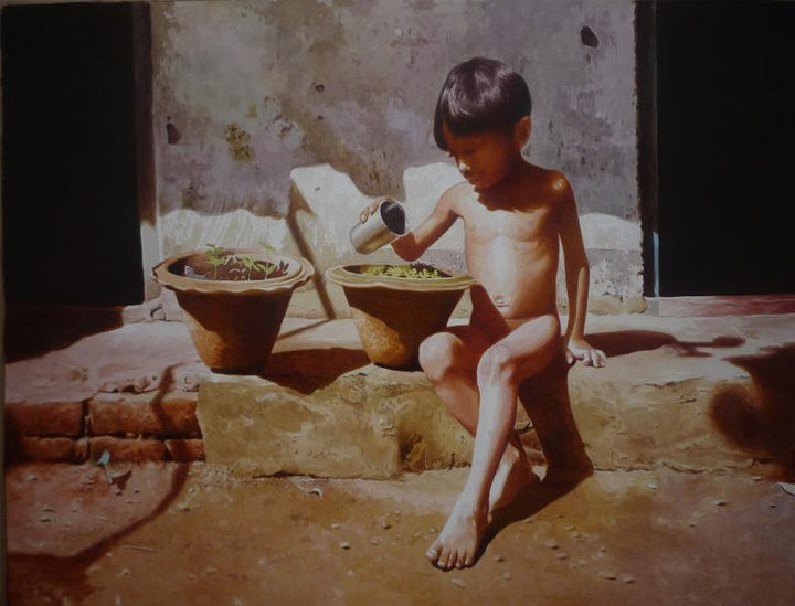 Figurative watercolor painting titled 'Childhood 2', 22x27 inches, by artist Raghunath Sahoo on Paper