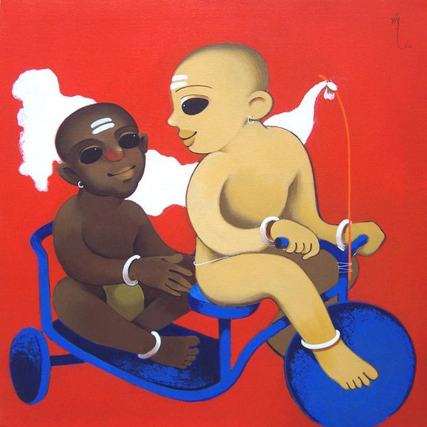Figurative acrylic painting titled 'Childhood', 30x30 inches, by artist Prakash Pore on Canvas