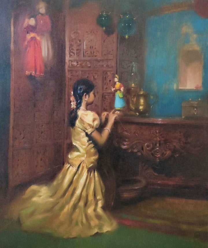 Figurative oil painting titled 'Childhood Fantasty', 36x30 inches, by artist Vijay Jadhav on Canvas