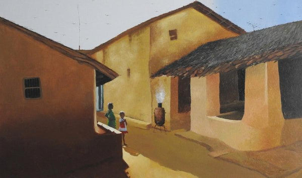 Landscape acrylic painting titled 'Childhood Memories 1', 36x60 inches, by artist Sandeep Ghule on Canvas