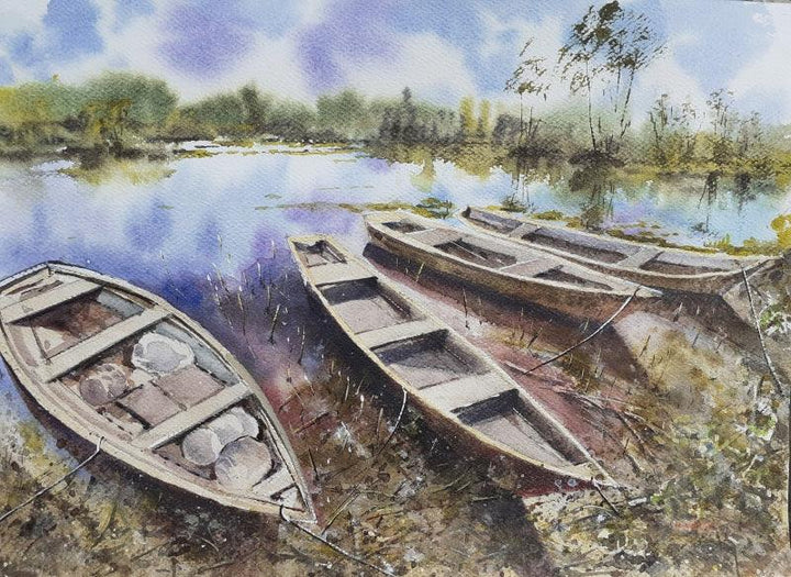 Landscape watercolor painting titled 'Chilika fishing boats', 16x12 inches, by artist Mrutyunjaya Dash on Paper