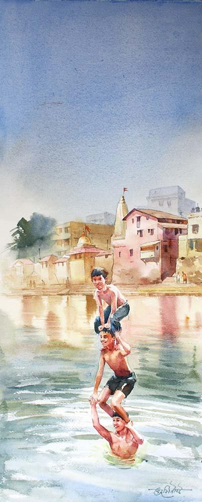 Landscape watercolor painting titled 'Chilling in Banganga', 10x22 inches, by artist Vikrant Shitole on Paper