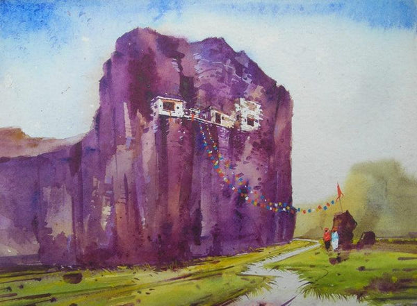 Landscape watercolor painting titled 'China Temple', 12x18 inches, by artist Yogesh Lahane on Paper