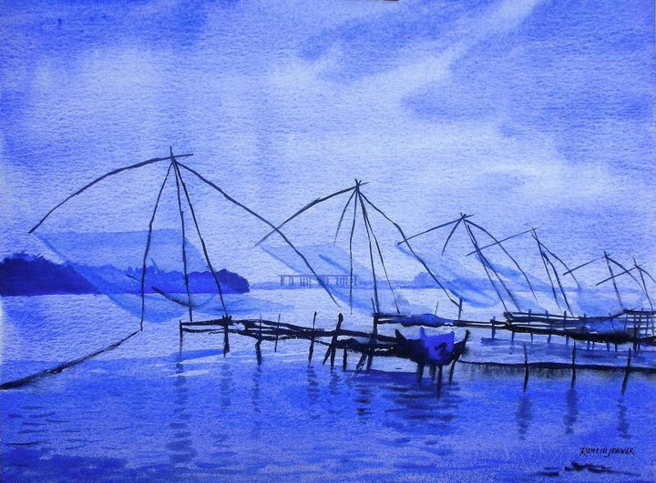 Nature watercolor painting titled 'Chinese Fishing Nets Kochi', 20x15 inches, by artist Ramesh Jhawar on Paper