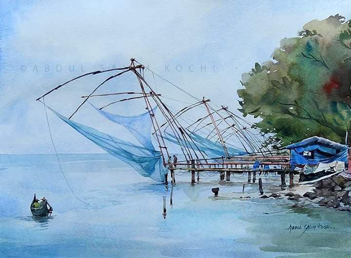 Seascape watercolor painting titled 'Chinese Net', 11x15 inches, by artist Abdul Salim on Paper