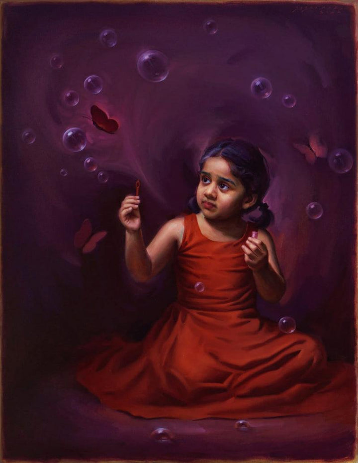 Figurative oil painting titled 'Chirping Butterflies', 44x34 inches, by artist Siddharth Gavade on Canvas