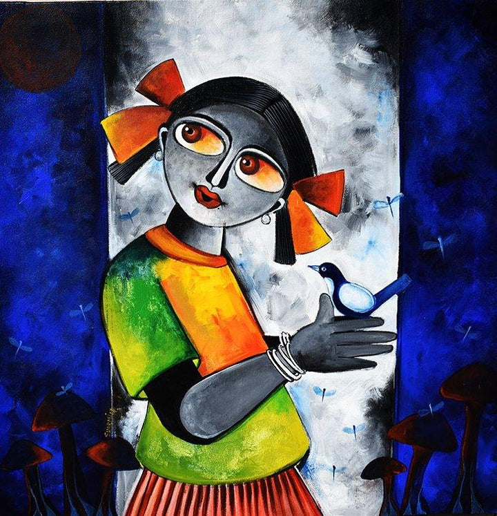 Figurative acrylic painting titled 'Chirping thoughts', 24x24 inches, by artist Sharmi Dey on Canvas