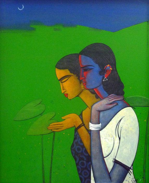 Figurative acrylic painting titled 'Chit Chat', 36x30 inches, by artist Sanjay Tikkal on Canvas