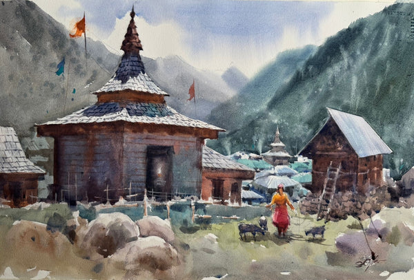 Cityscape watercolor painting titled 'Chitkul Last Village Of India', 15x22 inch, by artist Achintya Hazra on Paper