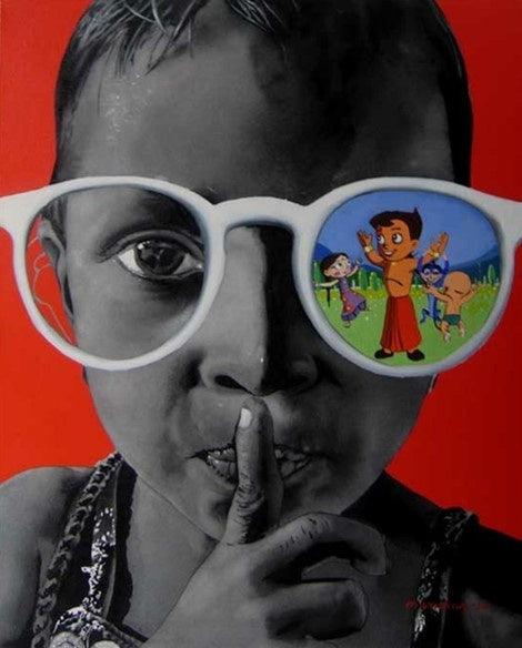 Figurative acrylic painting titled 'Chota Bheem', 30x24 inches, by artist Manohar Rathod on Canvas