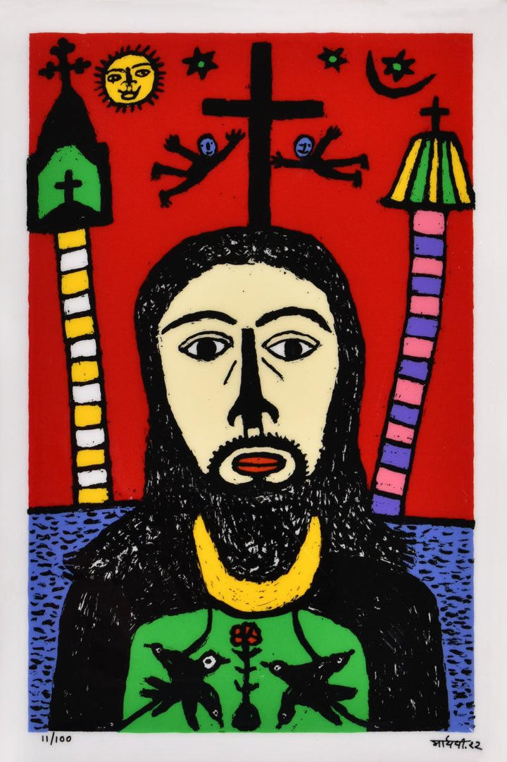 Religious reverse serigraph painting titled 'Christ By The River', 24x16 inches, by artist Madhvi Parekh on Acrylic