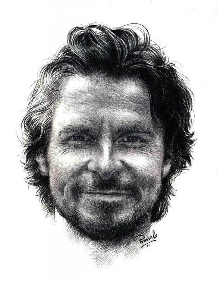 Portrait pencil drawing titled 'Christian Bale', 11x8 inches, by artist Pranab Das on Paper