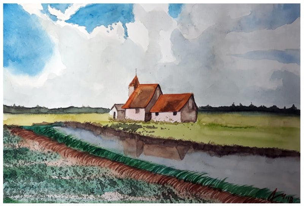 Cityscape watercolor painting titled 'Church At Romney Marsh Kent England', 7x11 inches, by artist Arunava Ray on Paper