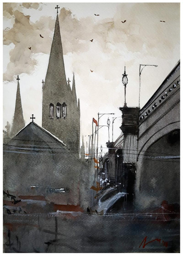 Cityscape watercolor painting titled 'Church In Rome Italy', 11x7 inches, by artist Arunava Ray on Paper