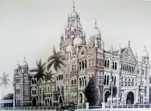 Cityscape ink drawing titled 'Churchgate W Rly Bldg', 24x30 inches, by artist Aman A on Canvas