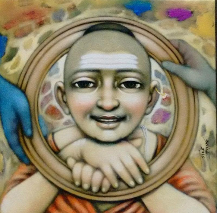 Figurative acrylic painting titled 'Circle Frame', 18x18 inches, by artist Apet Pramod on Canvas