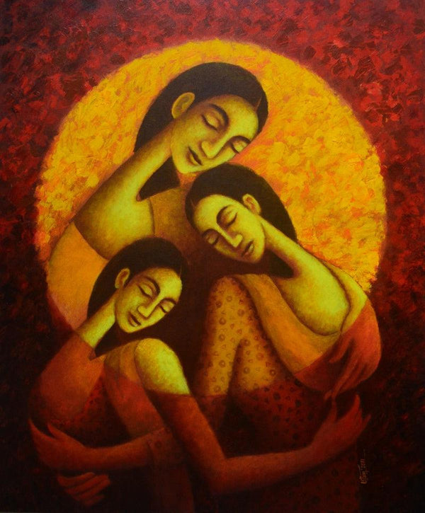 Figurative acrylic painting titled 'Circle Of Love', 36x20 inches, by artist Uttam Bhattacharya on Canvas