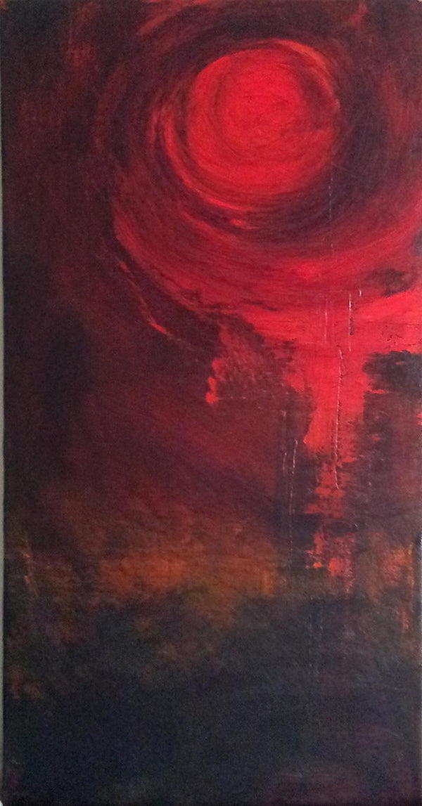 Abstract acrylic painting titled 'Circular Red Abstract', 18x36 inches, by artist Sanjay Akolikar on Canvas