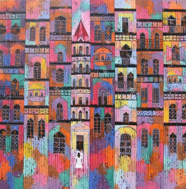 Cityscape acrylic painting titled 'City 18', 36x30 inches, by artist Suresh Gulage on Canvas