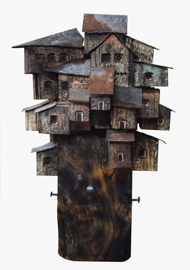 Cityscape sculpture titled 'City 7', 35x22x22 inches, by artist Nilmoni Chatterjee on Wood, Tin