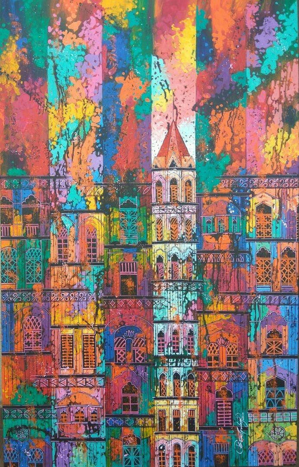 Cityscape acrylic painting titled 'City 9', 48x30 inches, by artist Suresh Gulage on Canvas