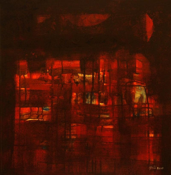 Abstract acrylic painting titled 'City By Night', 20x20 inches, by artist Arvind Hate on Mount Board