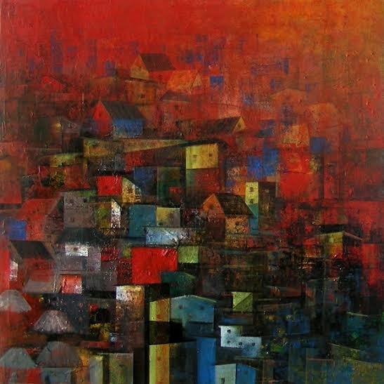 Abstract acrylic painting titled 'City Homes', 24x24 inches, by artist M Singh on Canvas