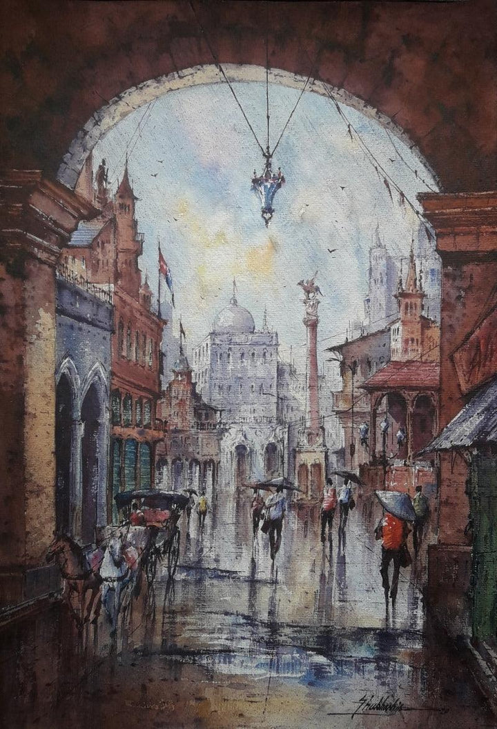 Cityscape watercolor painting titled 'City in Italy 1', 22x15 inches, by artist SHUBHASHIS MANDAL on Handmade paper