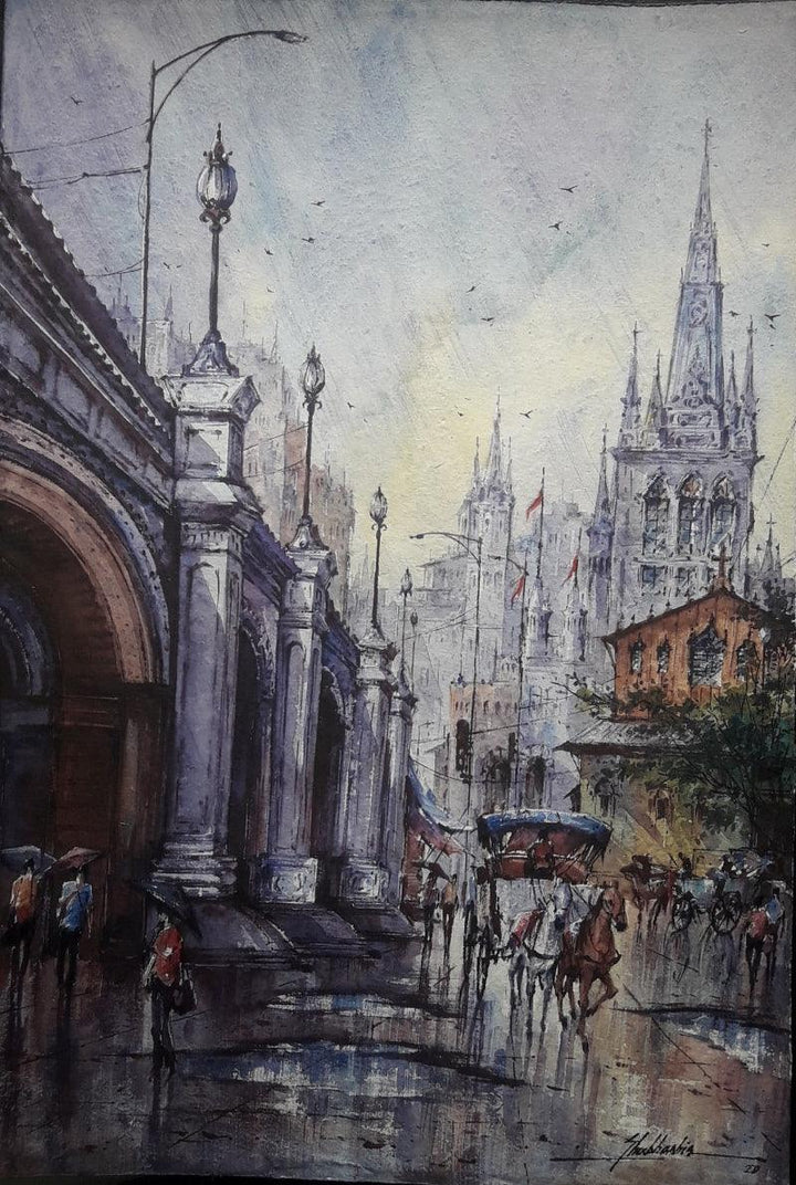 Cityscape watercolor painting titled 'City in Italy 2', 22x15 inches, by artist SHUBHASHIS MANDAL on Handmade paper