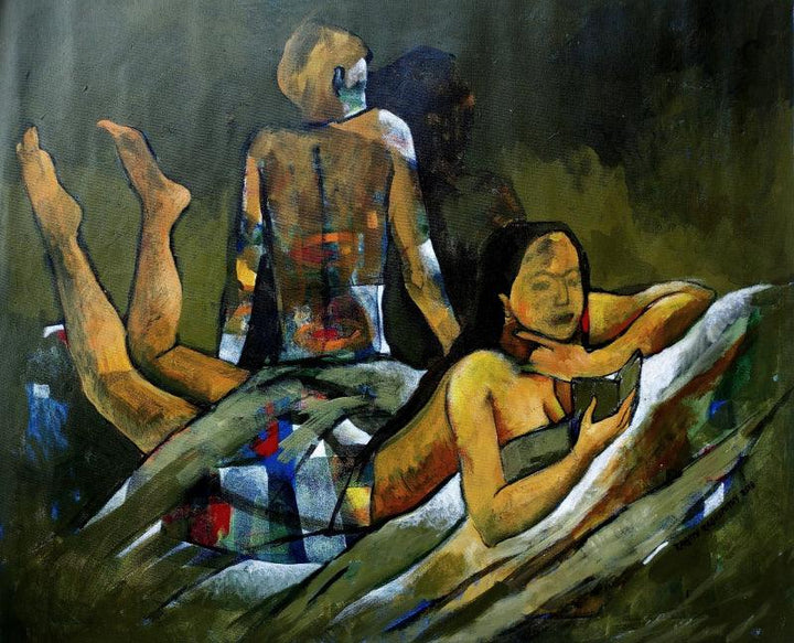 Figurative acrylic painting titled 'City Nights', 30x36 inches, by artist Ranjith Raghupathy on Canvas