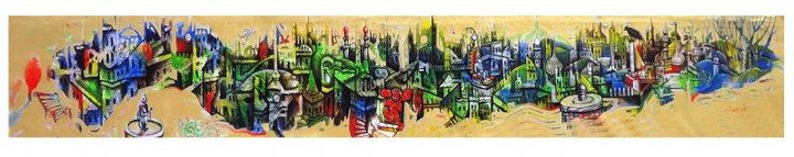 Landscape acrylic painting titled 'City of Bhopal', 72x12 inches, by artist Mahesh Pal  Gobra on canvas