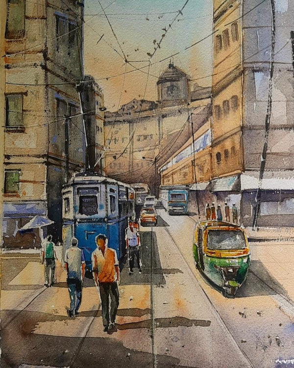 Cityscape watercolor painting titled 'CITY OF JOY', 16x12 inches, by artist Sumon Naskar on Paper