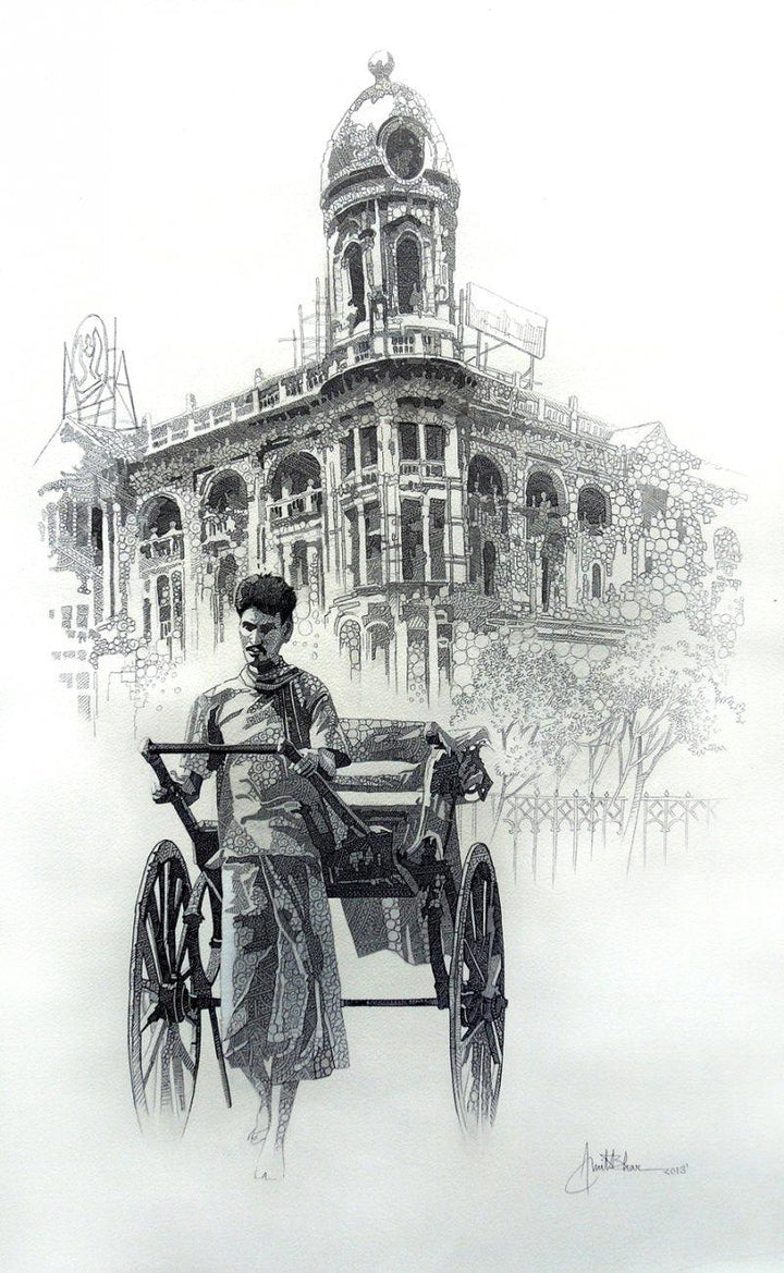 Figurative pen drawing titled 'City Of Kolkata 1', 30x19 inches, by artist Amit Bhar on paper