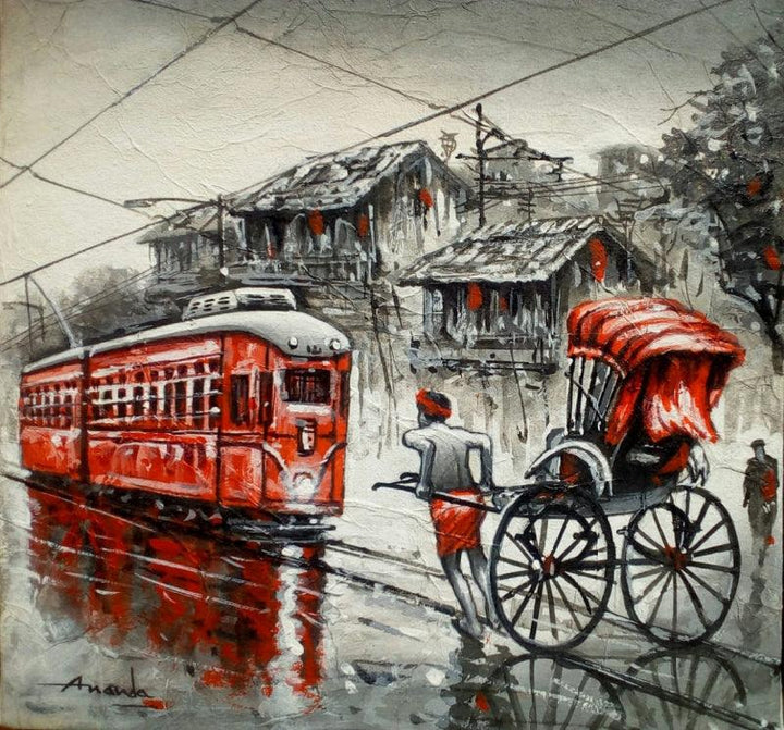 Cityscape acrylic painting titled 'City Of Kolkata', 12x12 inches, by artist Ananda Das on Canvas