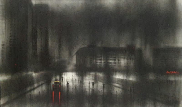 Cityscape charcoal drawing titled 'City Road', 24x40 inches, by artist Ravi Sthul on Canvas