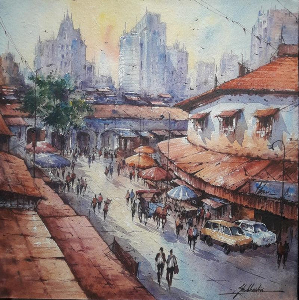 Cityscape watercolor painting titled 'City scape 1', 15x15 inches, by artist SHUBHASHIS MANDAL on Handmade paper