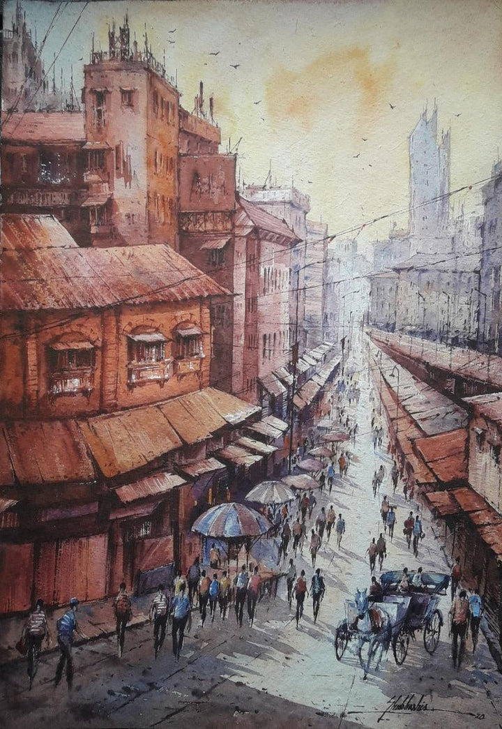 Cityscape watercolor painting titled 'City scape 2', 22x15 inches, by artist SHUBHASHIS MANDAL on Handmade paper