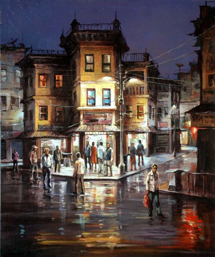 Cityscape acrylic painting titled 'City Square', 14x12 inches, by artist Shuvendu Sarkar on Canvas