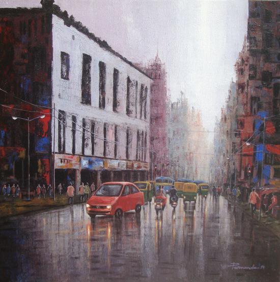 Cityscape acrylic painting titled 'City Traffic', 30x30 inches, by artist Purnendu Mandal on Canvas