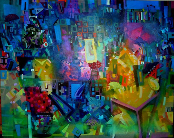 Abstract acrylic painting titled 'Citysape 2', 48x60 inches, by artist Madan Lal on Canvas