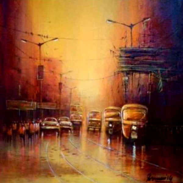 Cityscape acrylic painting titled 'Cityscape 1', 18x18 inch, by artist Soumen Saha on Canvas