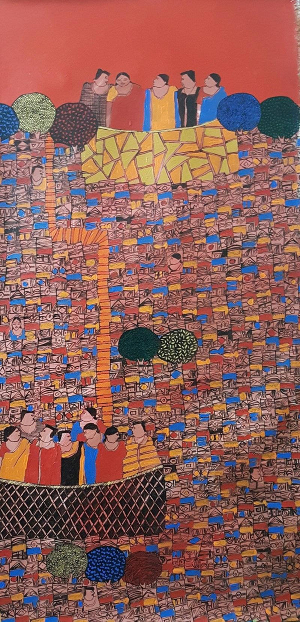 Cityscape acrylic painting titled 'Cityscape 16', 36x18 inches, by artist Rama Krishna V on Canvas